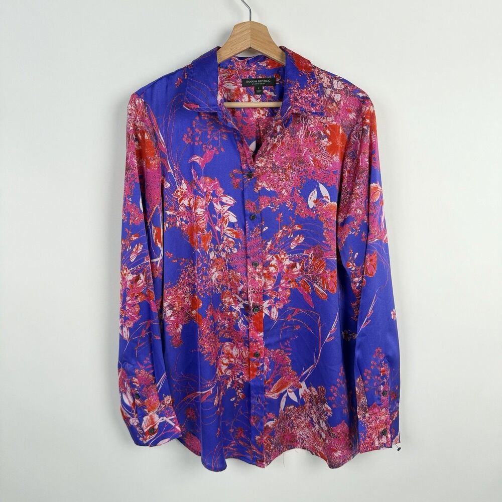 Banana Republic Dillon Classic Fit Shirt Large Floral Vibrant Botanical Satin